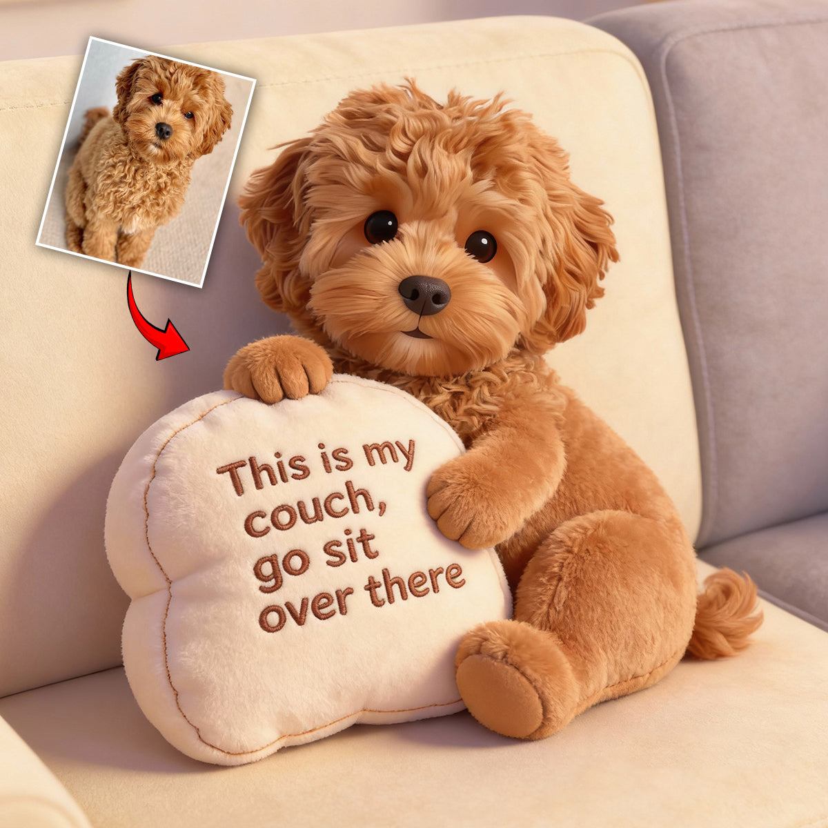 Das ist meine Couch – personalisiertes Kissen in Hundeform aus Kunstfell.