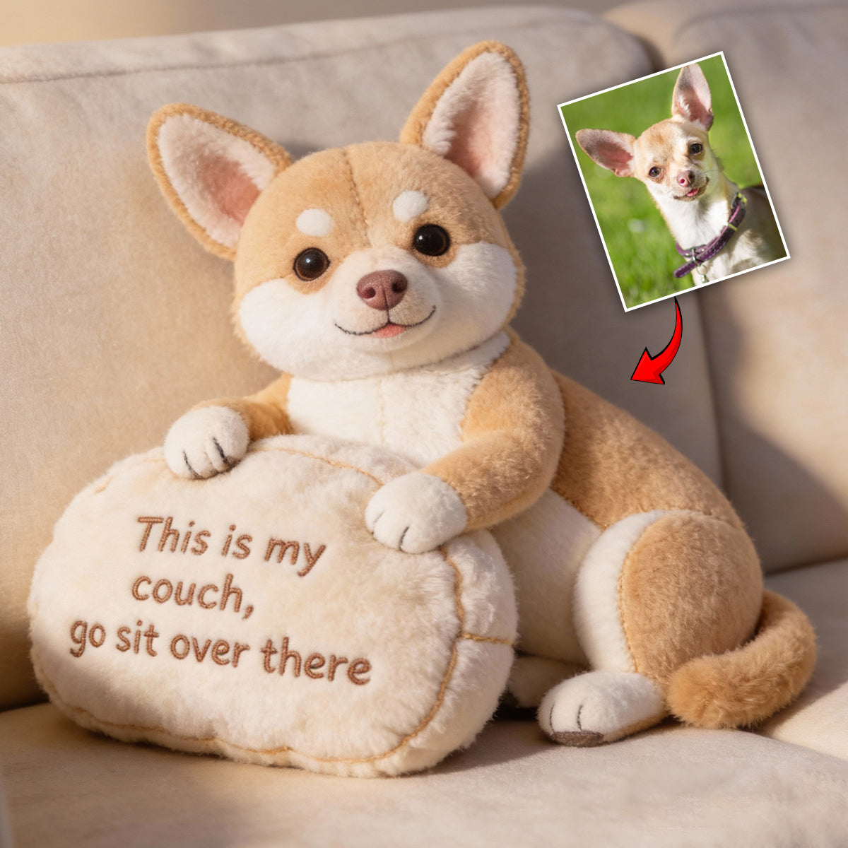 Das ist meine Couch – personalisiertes Kissen in Hundeform aus Kunstfell.