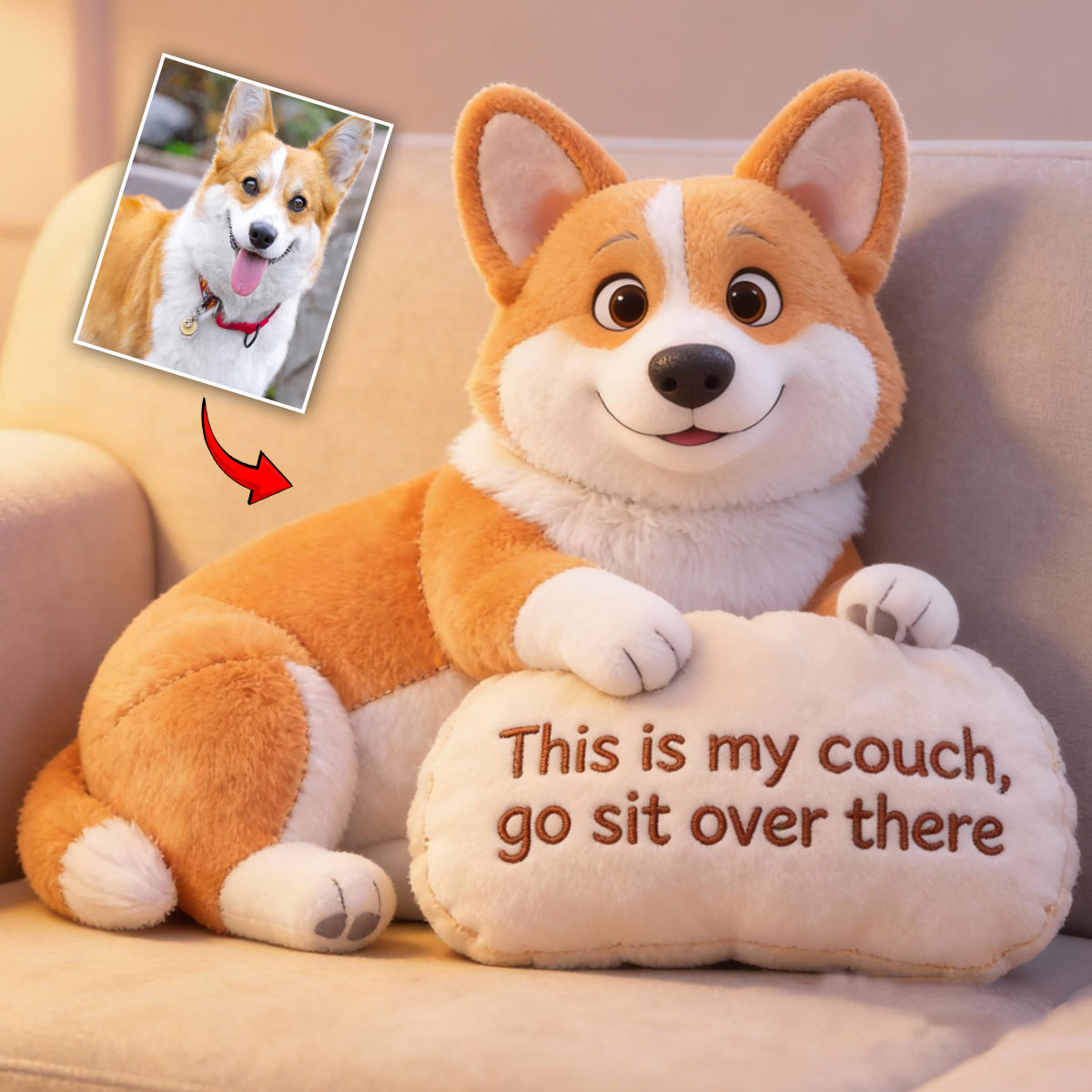 Das ist meine Couch – personalisiertes Kissen in Hundeform aus Kunstfell.