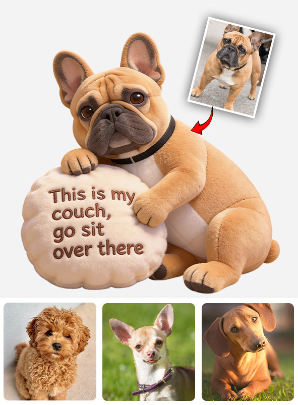 Das ist meine Couch – personalisiertes Kissen in Hundeform aus Kunstfell.