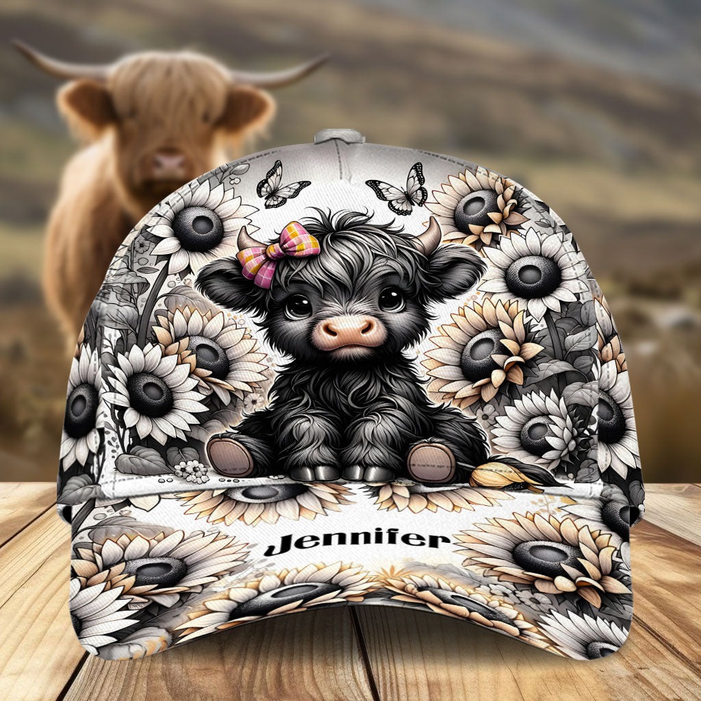 Schwarz-weiße Highland Cow Blume - Personalisierte Highland Cow Classic Kappe