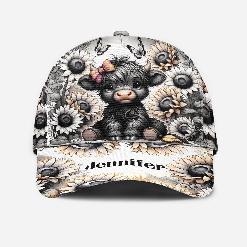 Schwarz-weiße Highland Cow Blume - Personalisierte Highland Cow Classic Kappe