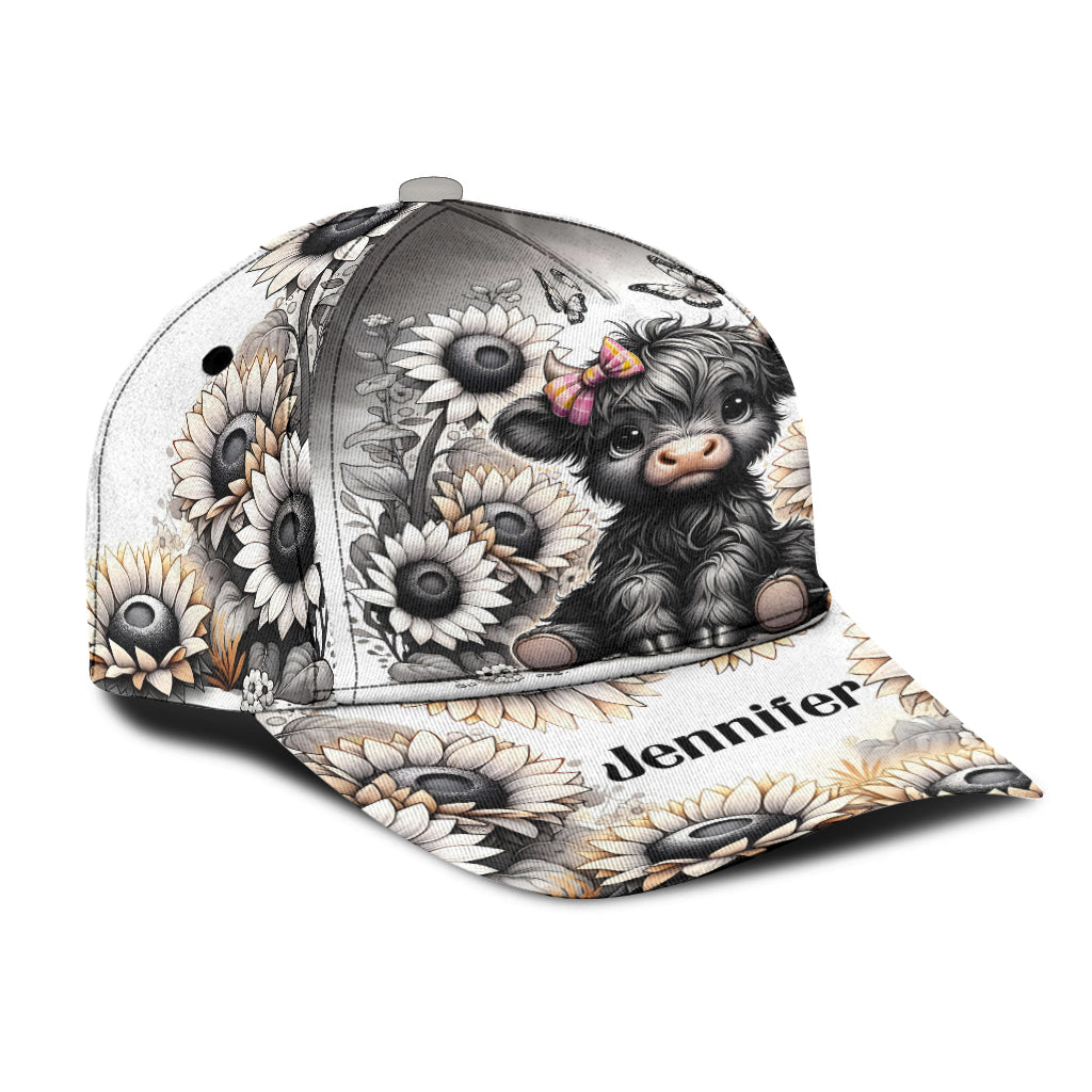 Schwarz-weiße Highland Cow Blume - Personalisierte Highland Cow Classic Kappe