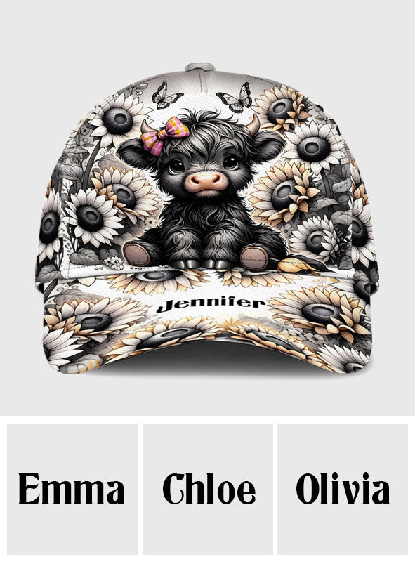 Schwarz-weiße Highland Cow Blume - Personalisierte Highland Cow Classic Kappe
