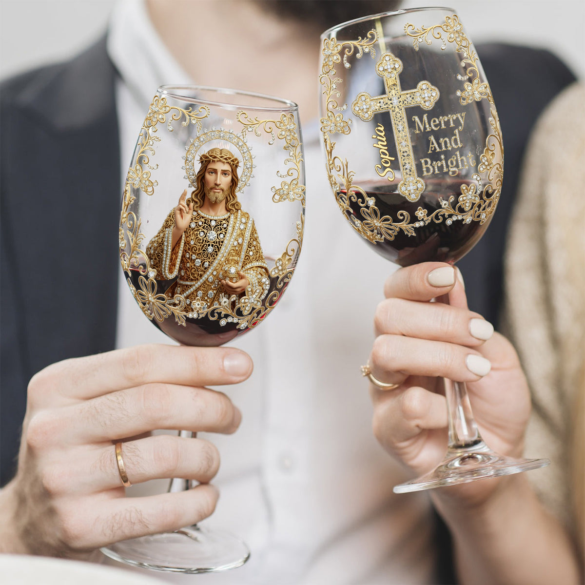 Fröhliche Weihnachten mit Jesus – Personalisiertes christliches Weinglas mit langem Stiel