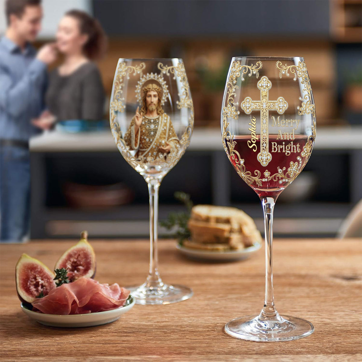 Fröhliche Weihnachten mit Jesus – Personalisiertes christliches Weinglas mit langem Stiel