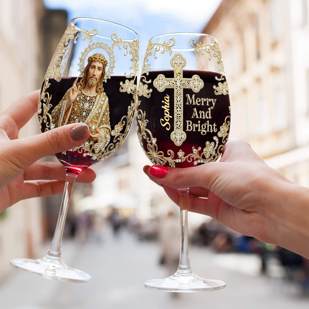 Fröhliche Weihnachten mit Jesus – Personalisiertes christliches Weinglas mit langem Stiel