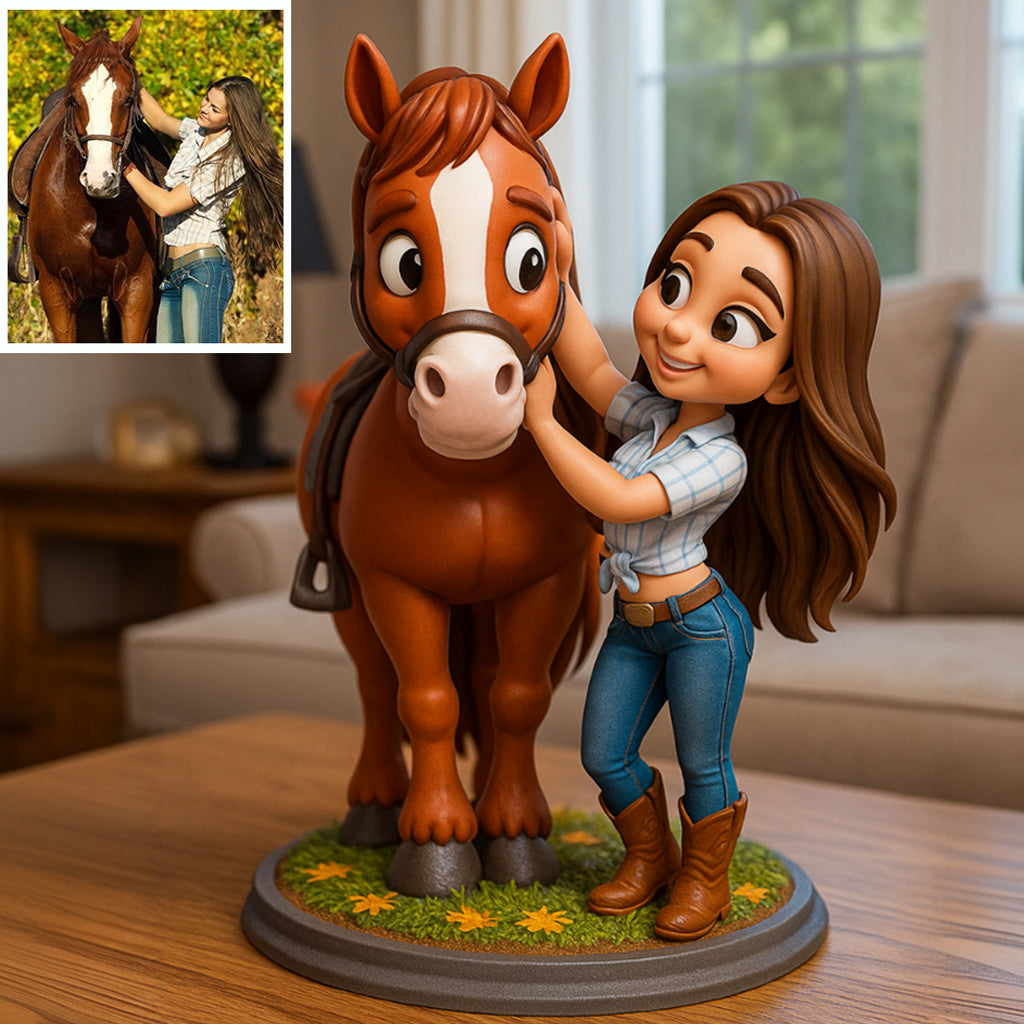 Pferdeliebe im Cartoon-Stil - Personalisierte Acrylplakette in Pferdeform