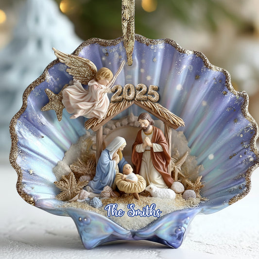Krippe in einer Muschel – Personalisierter christlicher Weihnachtsschmuck