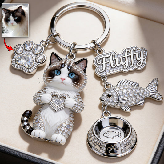 Ich liebe meine Katze - Personalisierter Katzen Premium Schlüsselanhänger mit Charms