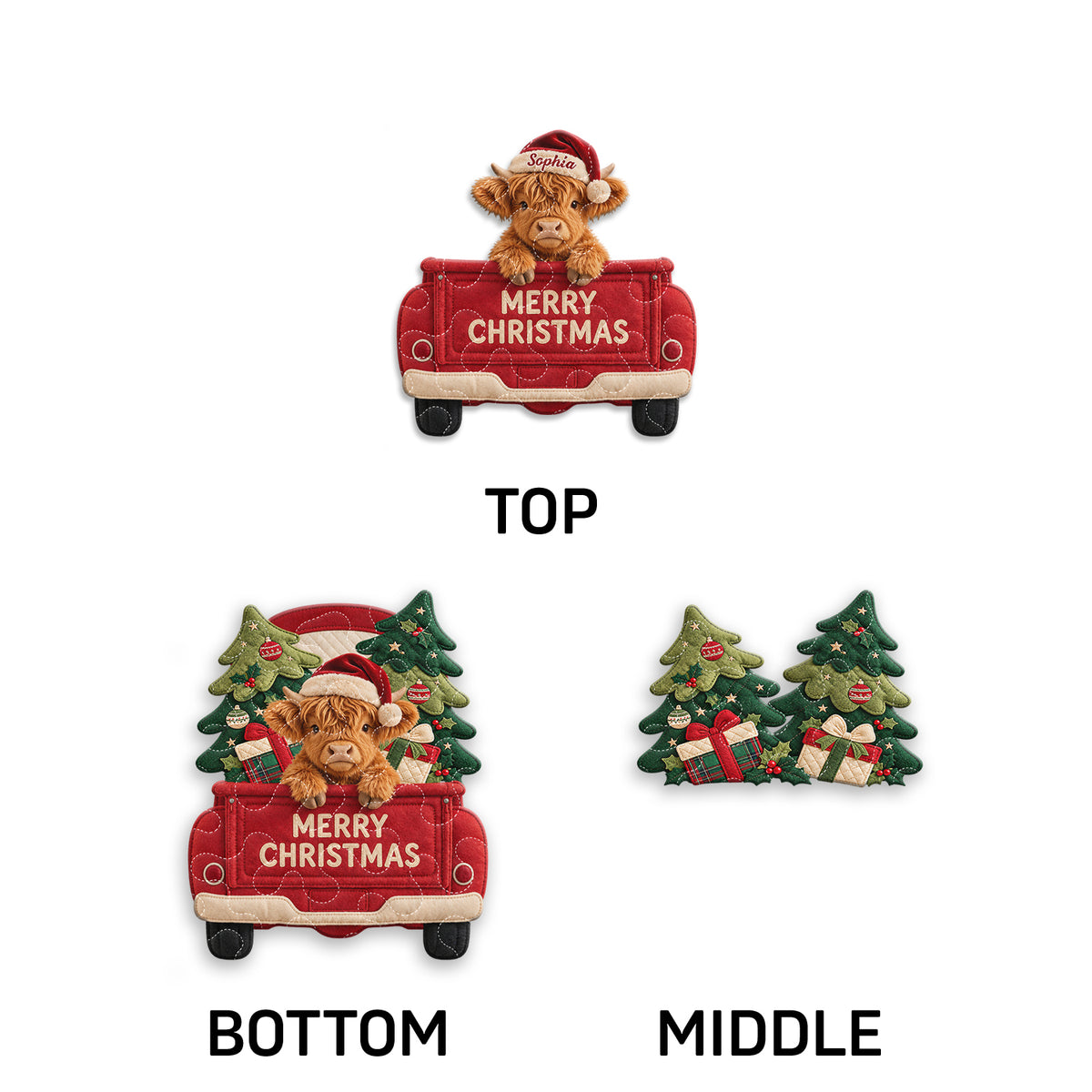 Merry Christmas - Personalized Highland Cow Quilted Door Hanger