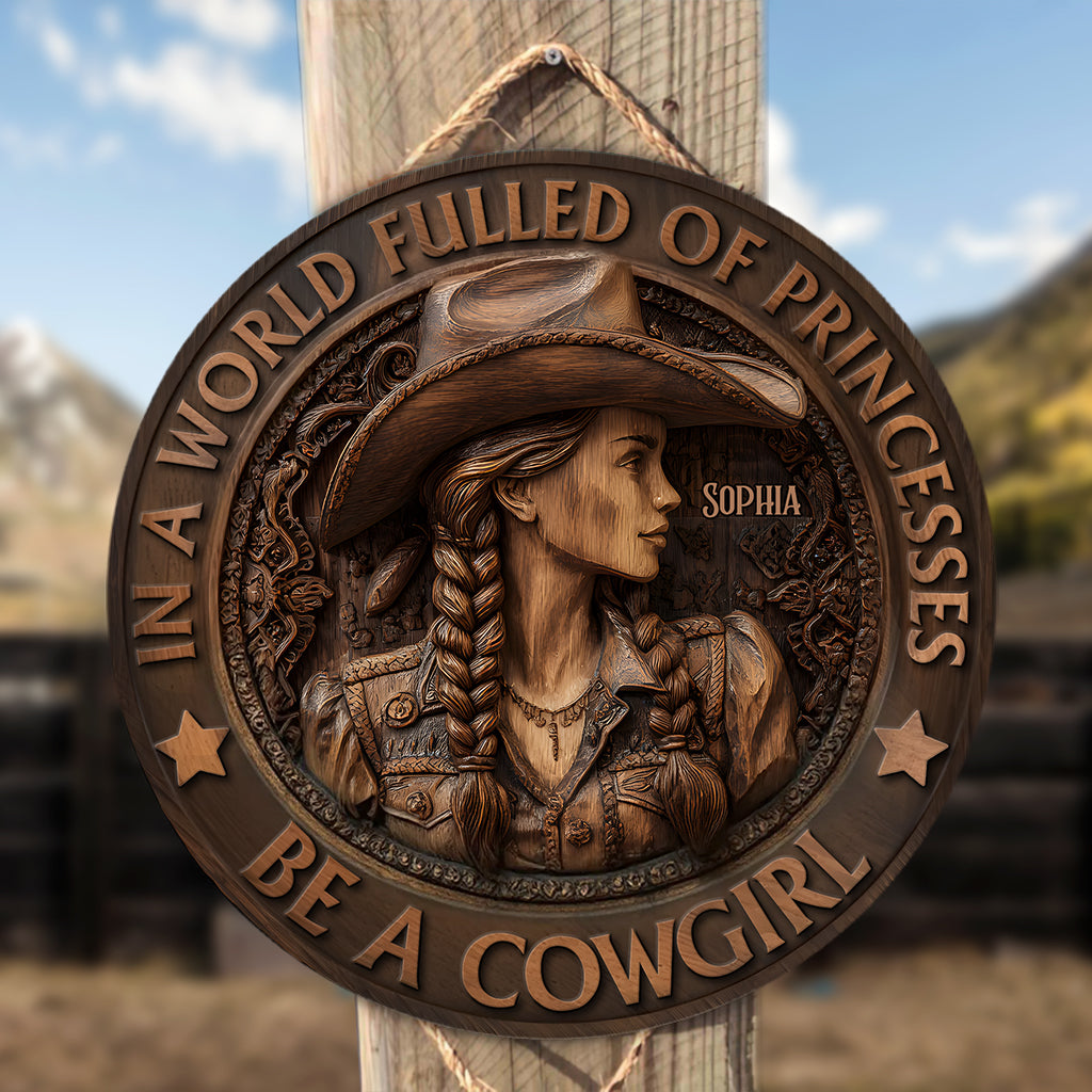 In A World Fulled Of Princesses Be A Cowgirl - Personalized Cowgirl Round Wood Sign