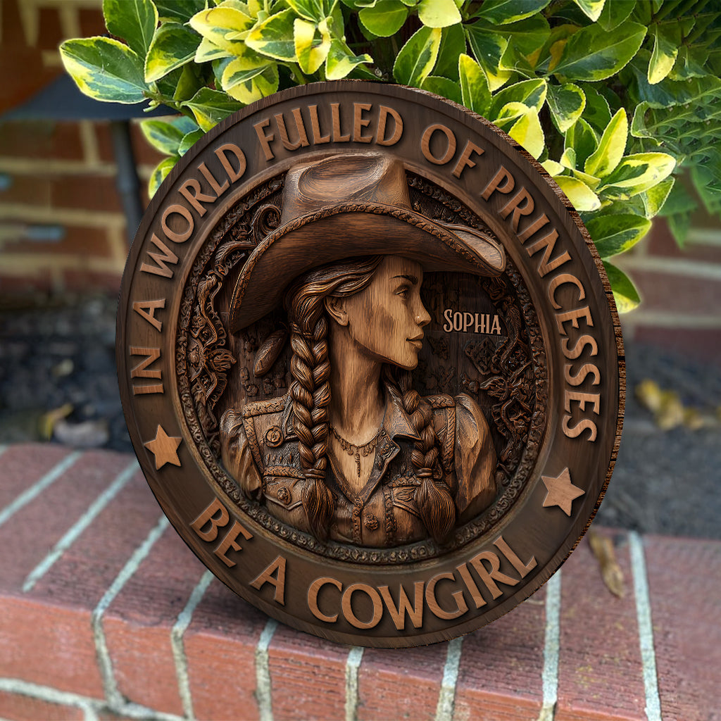 In A World Fulled Of Princesses Be A Cowgirl - Personalized Cowgirl Round Wood Sign