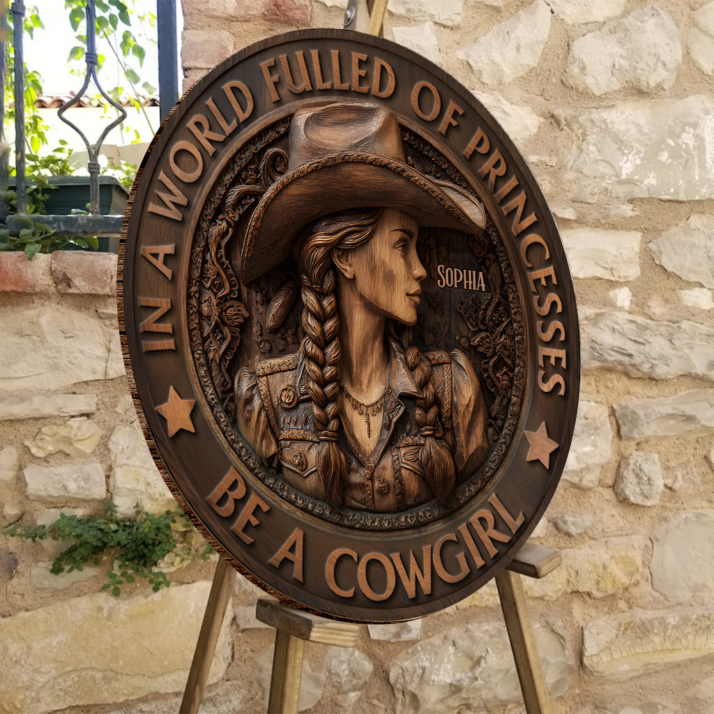In A World Fulled Of Princesses Be A Cowgirl - Personalized Cowgirl Round Wood Sign