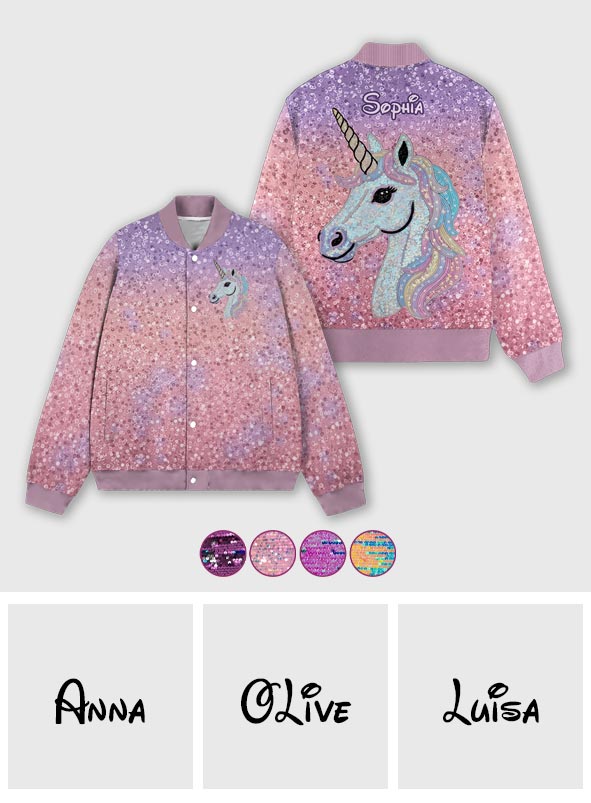 Wunderschönes Einhorn-Geschenk für Mädchen – personalisierte Kinder-Collegejacke
