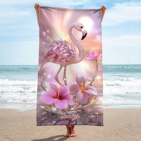 Der Strand ruft – Personalisiertes Flamingo-Strandtuch/Badetuch, schnelltrocknend