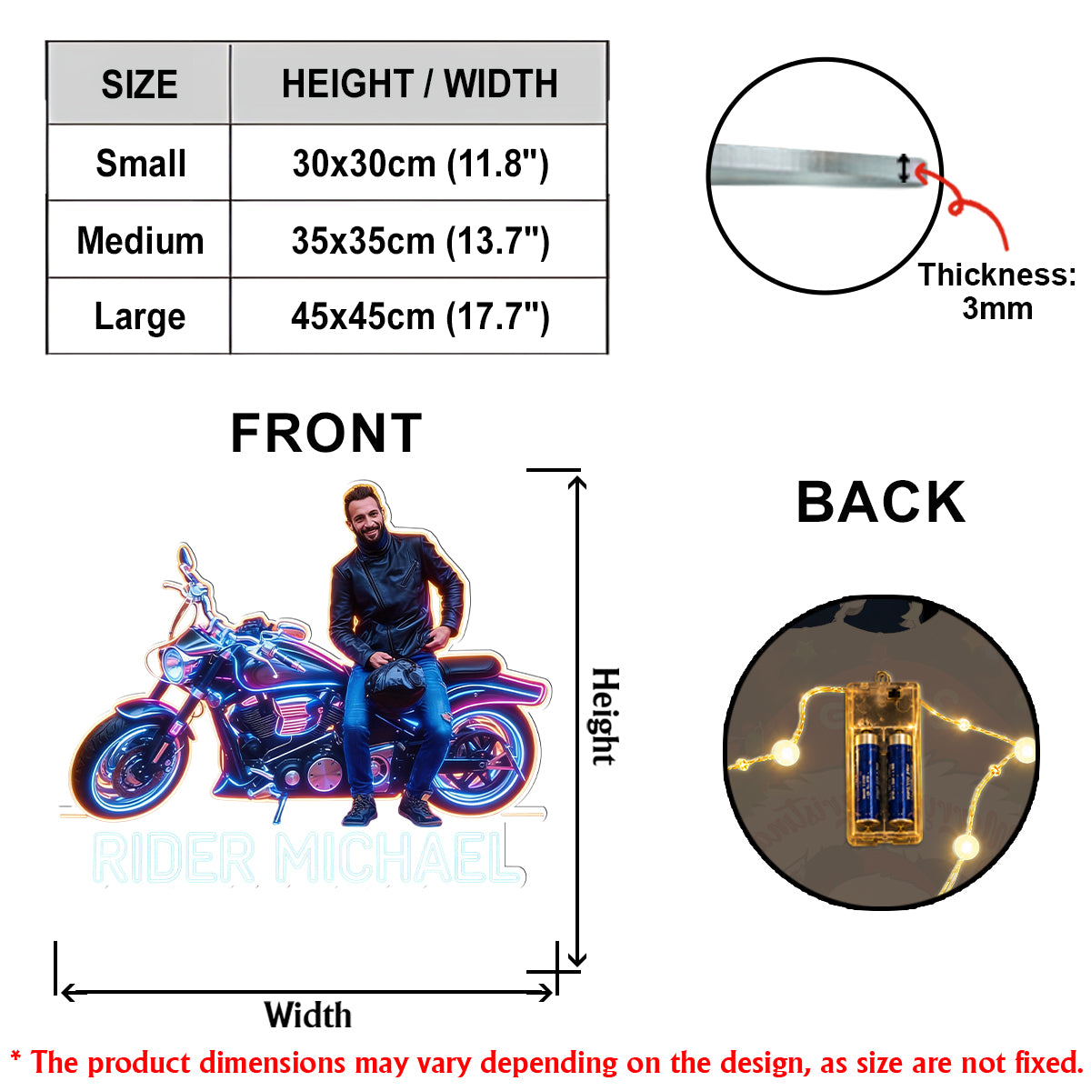 Personalisierte Biker LED Licht Acrylschild - Foto und Fahrzeug nach Wahl