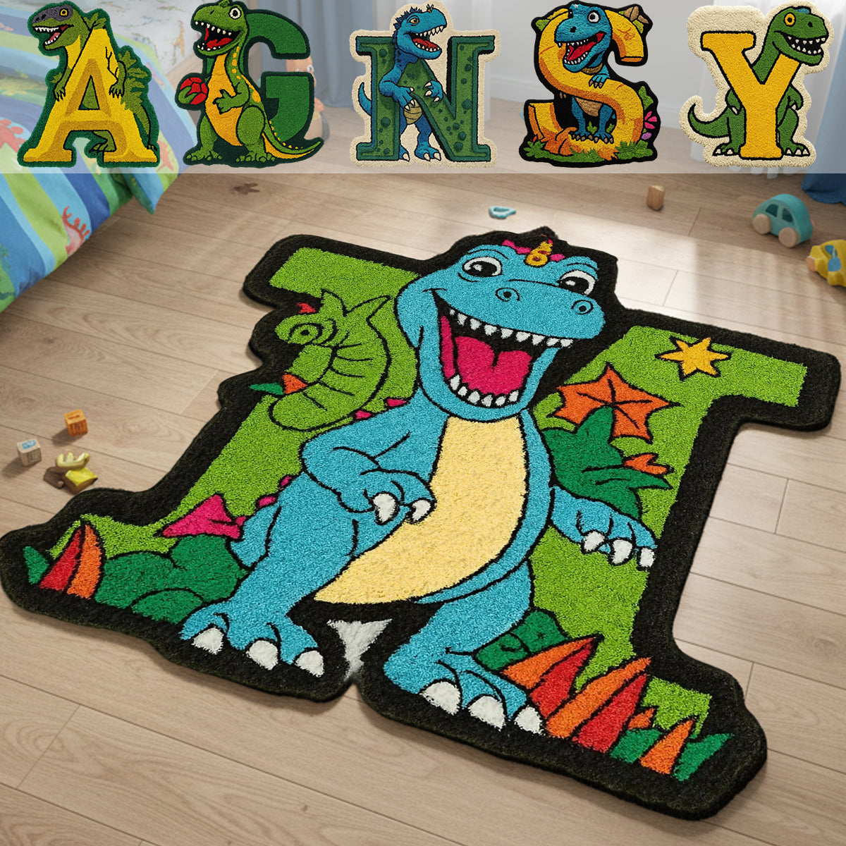 Dinosaur Initial Name Letter Perfect Gift For Kids - Personalized Kid Non-Slip Tufted Rug