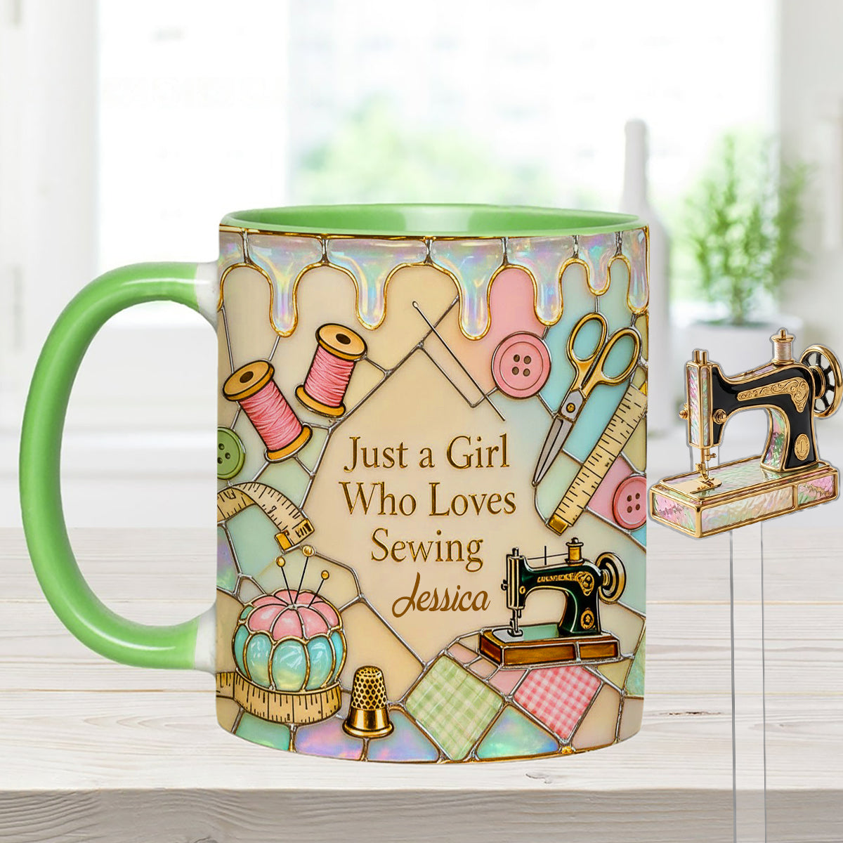Just A Girl Who Loves Sewing - Personalized Sewing Set Accent Mug with Acrylic Stirrers