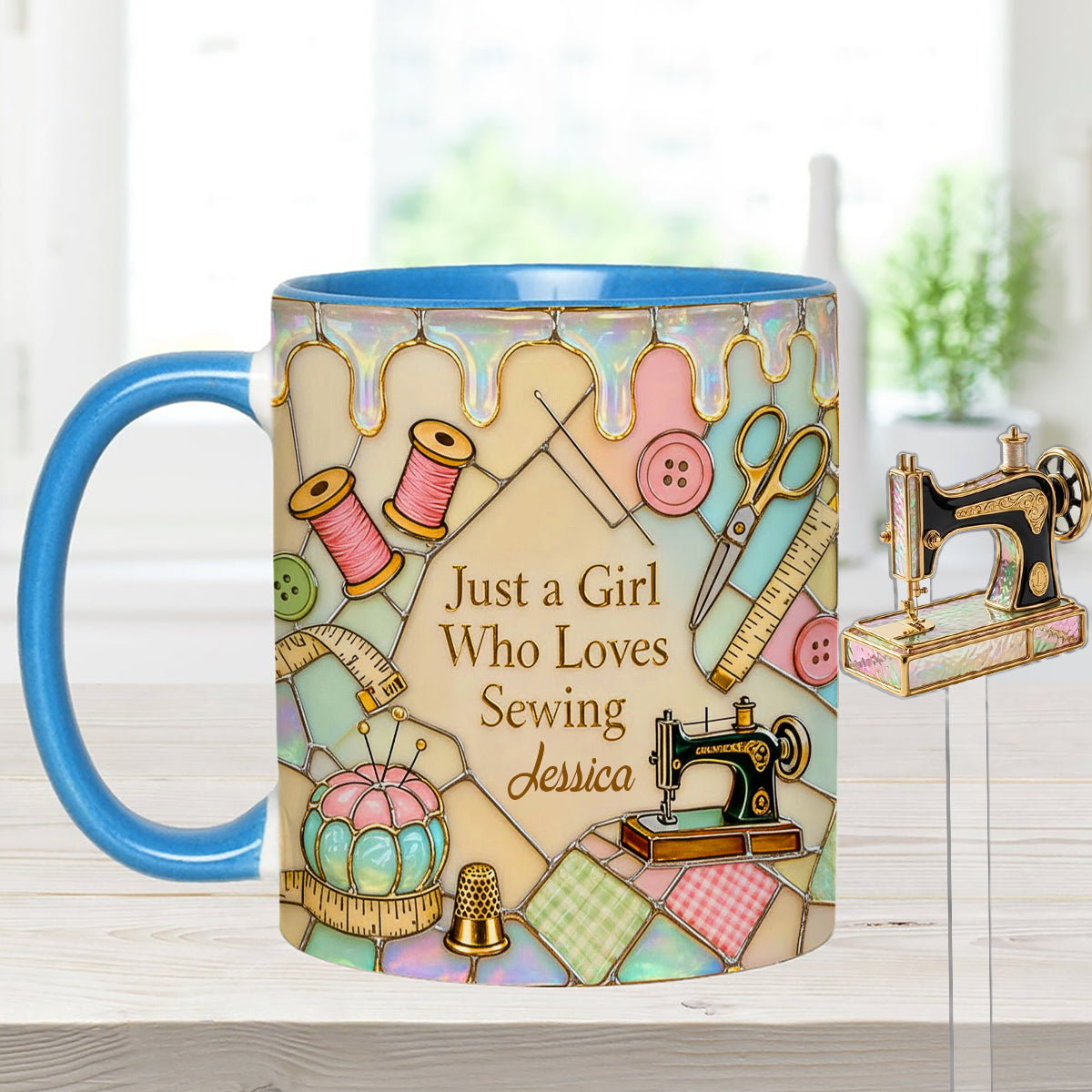 Just A Girl Who Loves Sewing - Personalized Sewing Set Accent Mug with Acrylic Stirrers