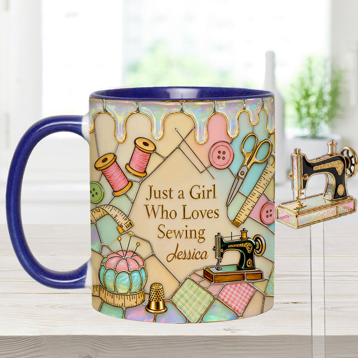 Just A Girl Who Loves Sewing - Personalized Sewing Set Accent Mug with Acrylic Stirrers