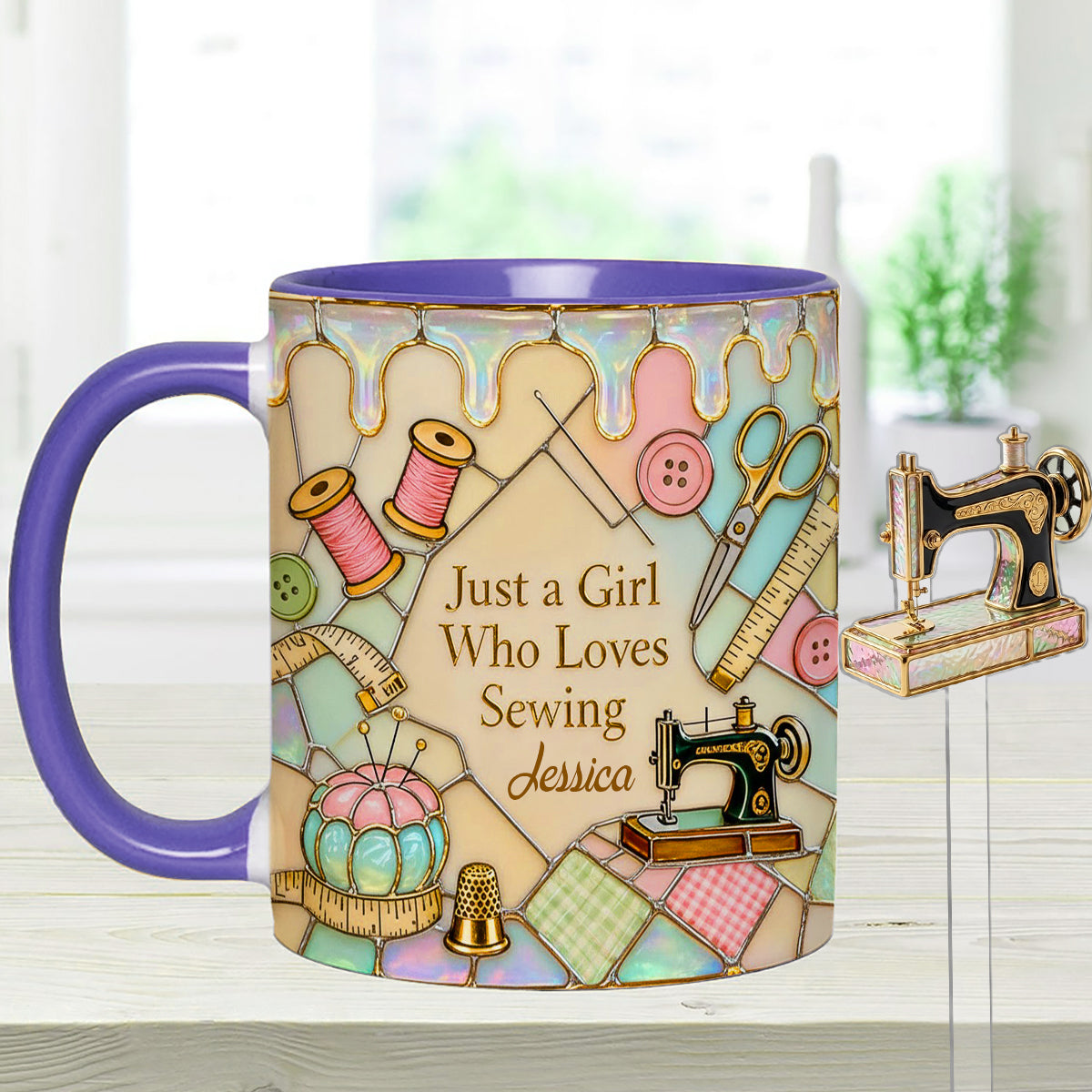 Just A Girl Who Loves Sewing - Personalized Sewing Set Accent Mug with Acrylic Stirrers