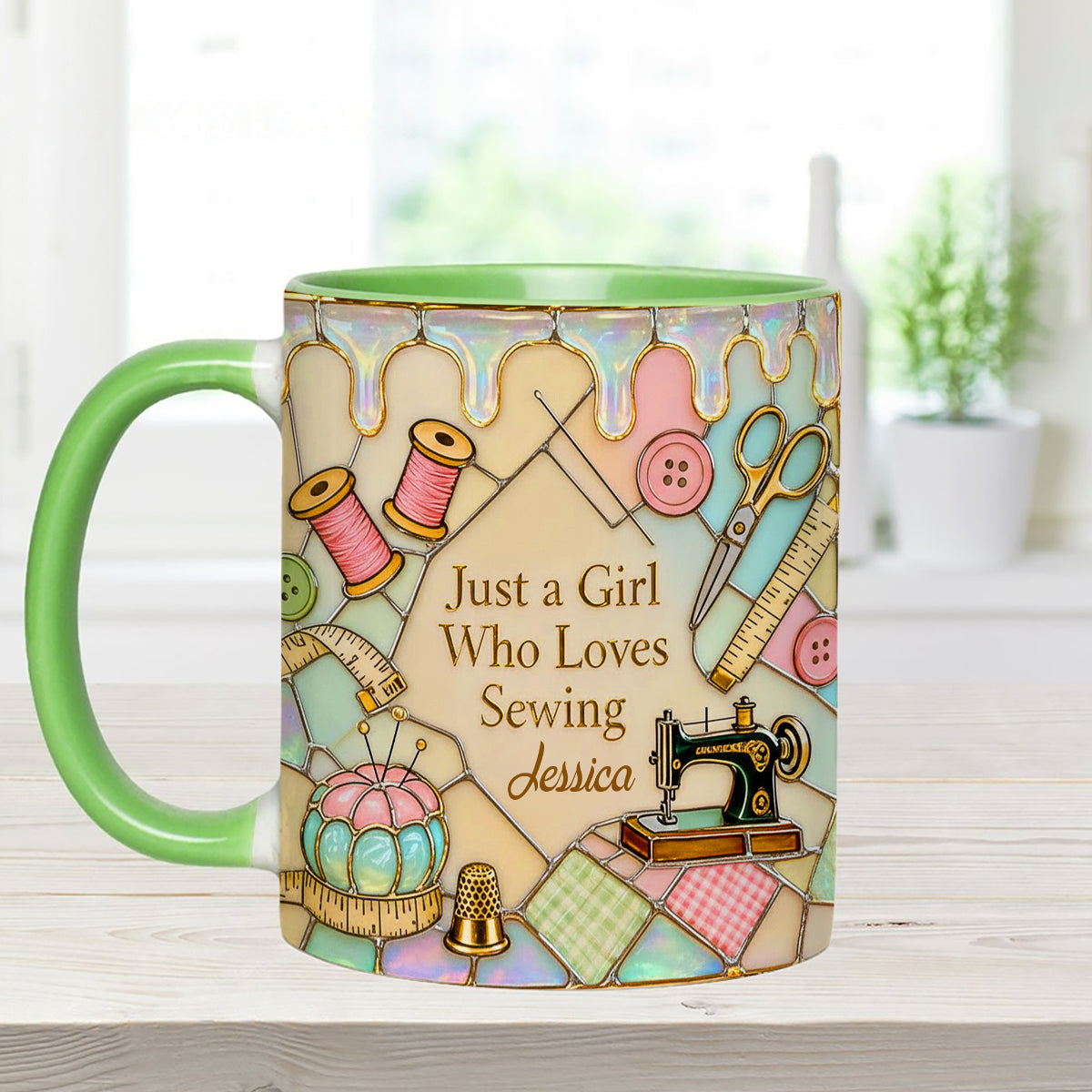 Just A Girl Who Loves Sewing - Personalized Sewing Set Accent Mug with Acrylic Stirrers