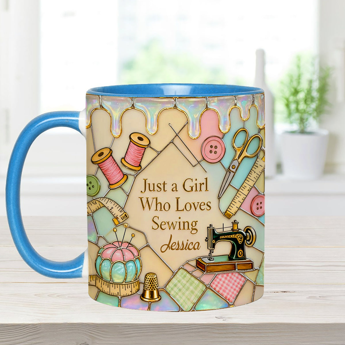 Just A Girl Who Loves Sewing - Personalized Sewing Set Accent Mug with Acrylic Stirrers