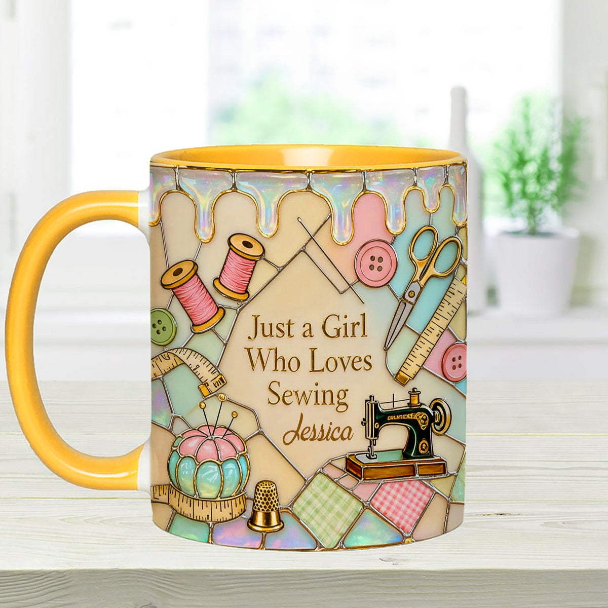 Just A Girl Who Loves Sewing - Personalized Sewing Set Accent Mug with Acrylic Stirrers
