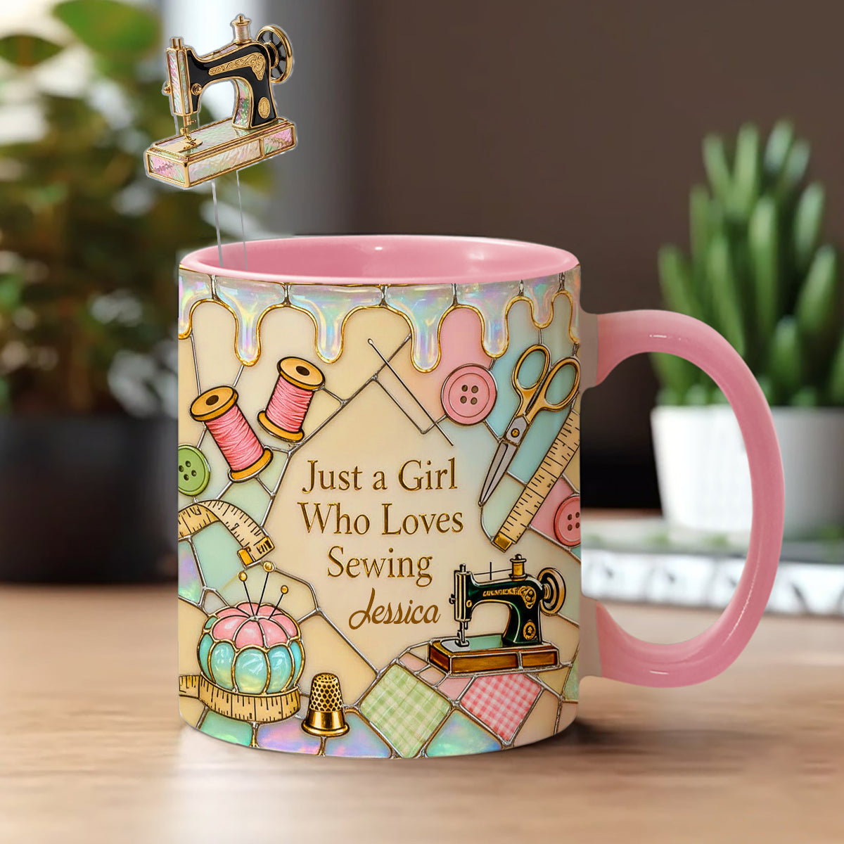 Just A Girl Who Loves Sewing - Personalized Sewing Set Accent Mug with Acrylic Stirrers
