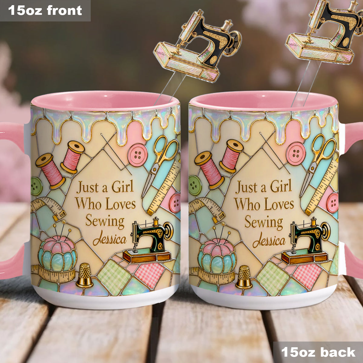 Just A Girl Who Loves Sewing - Personalized Sewing Set Accent Mug with Acrylic Stirrers