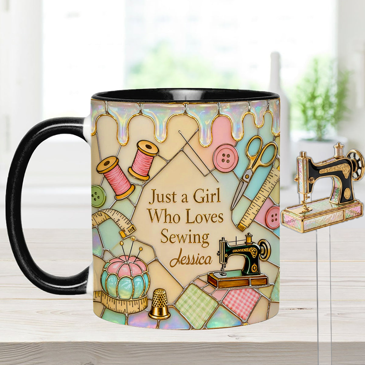 Just A Girl Who Loves Sewing - Personalized Sewing Set Accent Mug with Acrylic Stirrers