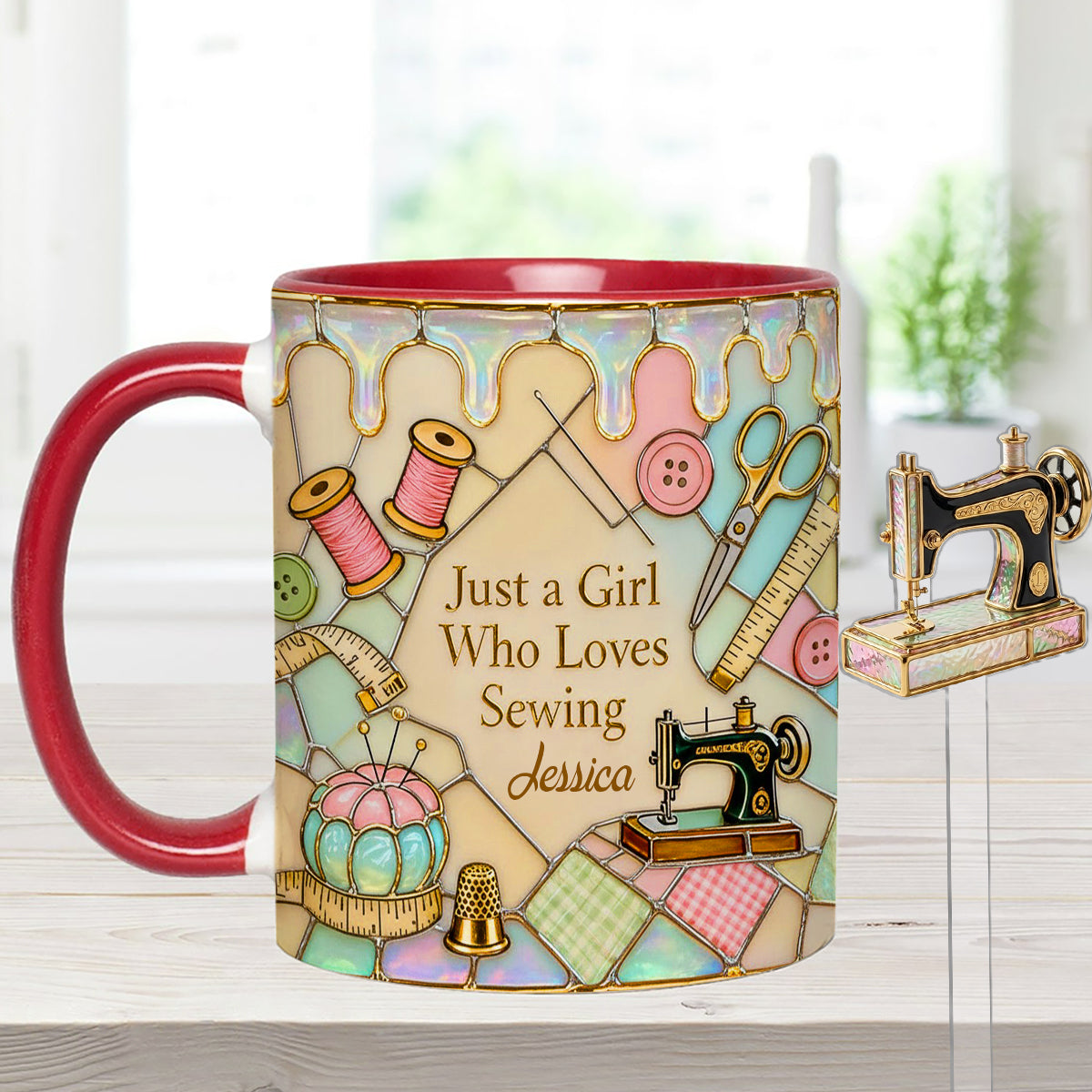 Just A Girl Who Loves Sewing - Personalized Sewing Set Accent Mug with Acrylic Stirrers