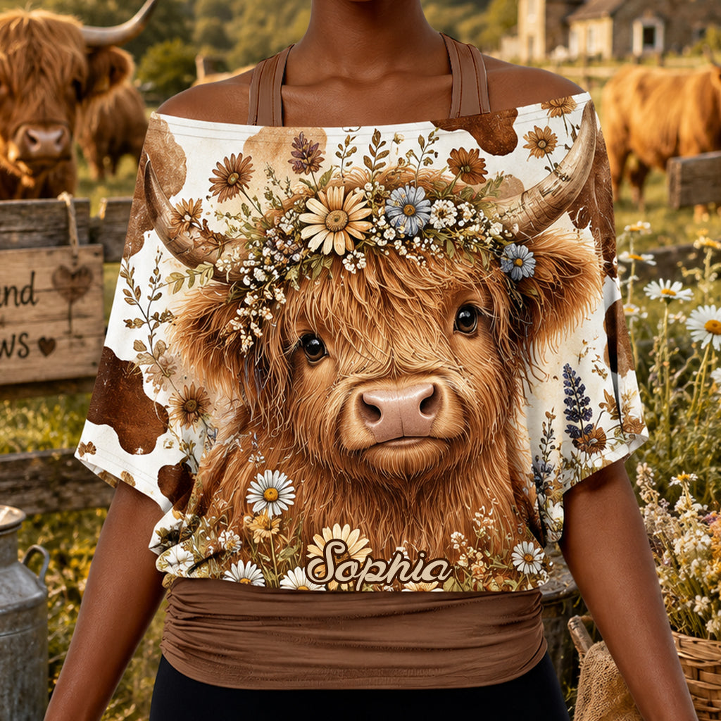 Niedliche Highland-Rinder - Personalisiertes Highland Cow Off-Shoulder Top Set