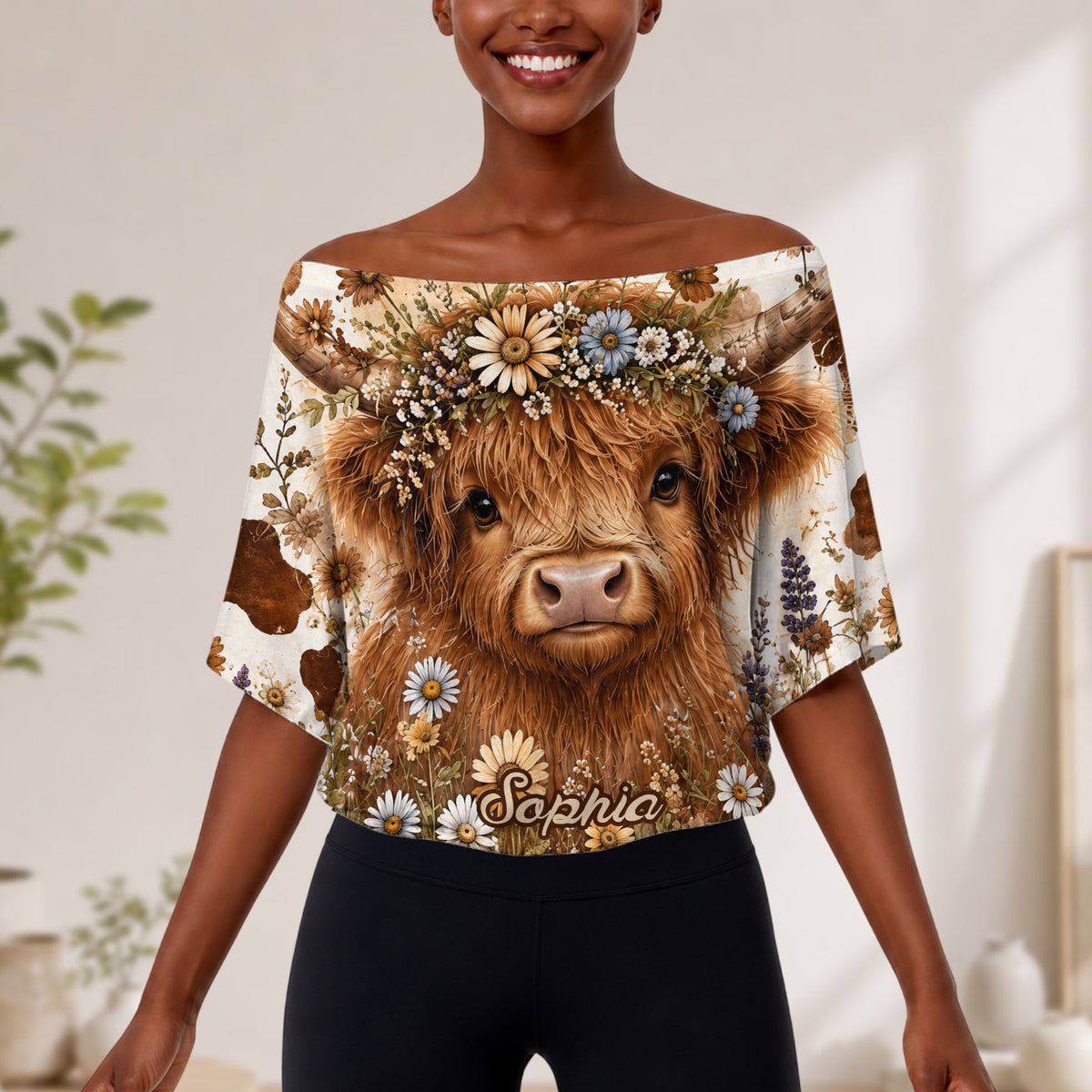 Niedliche Highland-Rinder - Personalisiertes Highland Cow Off-Shoulder Top Set