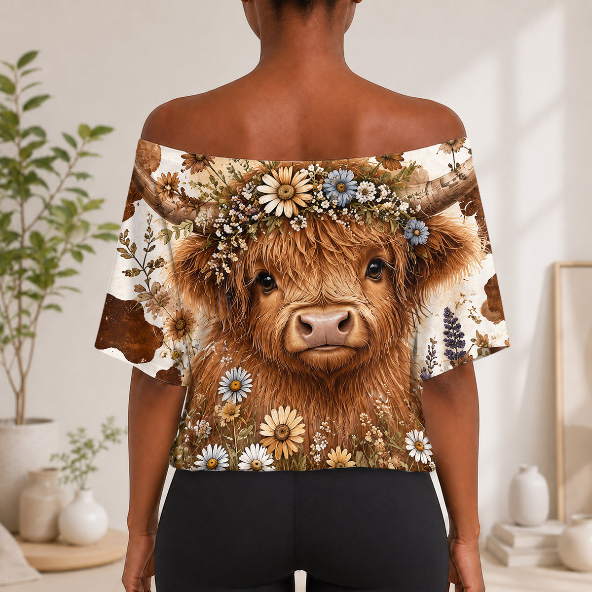 Niedliche Highland-Rinder - Personalisiertes Highland Cow Off-Shoulder Top Set
