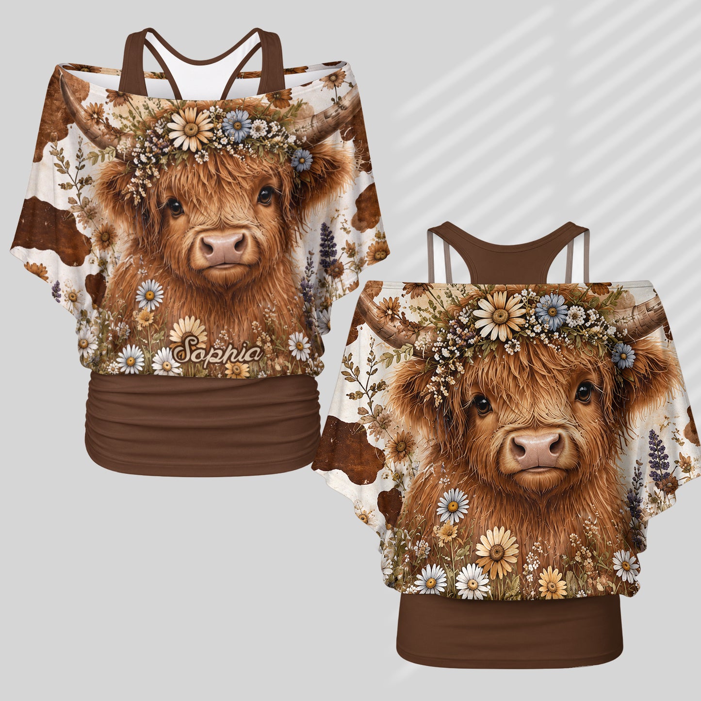 Niedliche Highland-Rinder - Personalisiertes Highland Cow Off-Shoulder Top Set