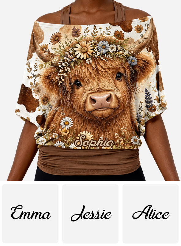 Niedliche Highland-Rinder - Personalisiertes Highland Cow Off-Shoulder Top Set