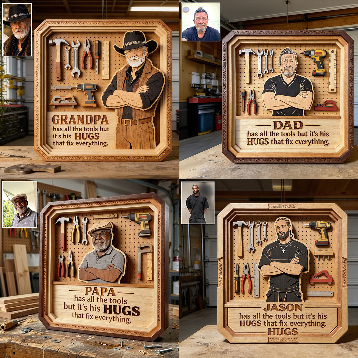 Papa/Opa.. Hat Alle Werkzeuge, Aber seine Umarmungen Reparieren Alles - Personalisierte Holztafel in Form