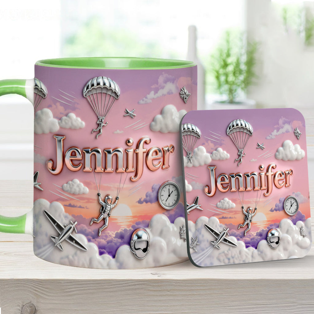 Ich liebe Fallschirmspringen – Personalisierte Tasse und Untersetzer mit Fallschirmspringer-Motiv