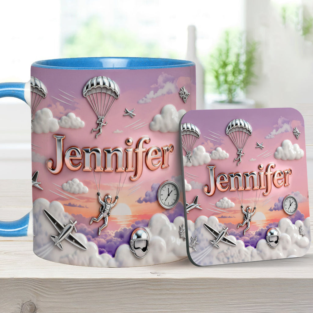 Ich liebe Fallschirmspringen – Personalisierte Tasse und Untersetzer mit Fallschirmspringer-Motiv