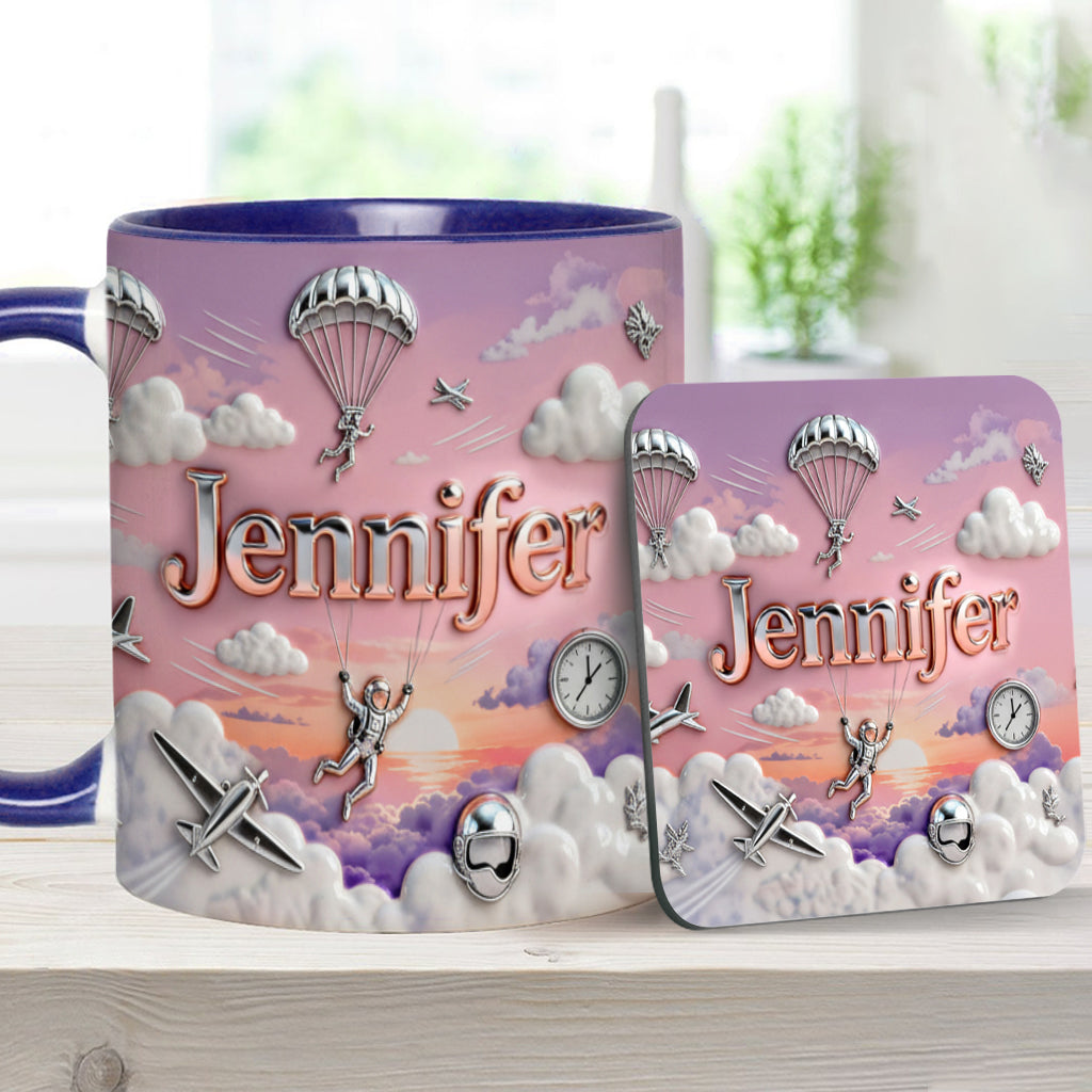 Ich liebe Fallschirmspringen – Personalisierte Tasse und Untersetzer mit Fallschirmspringer-Motiv