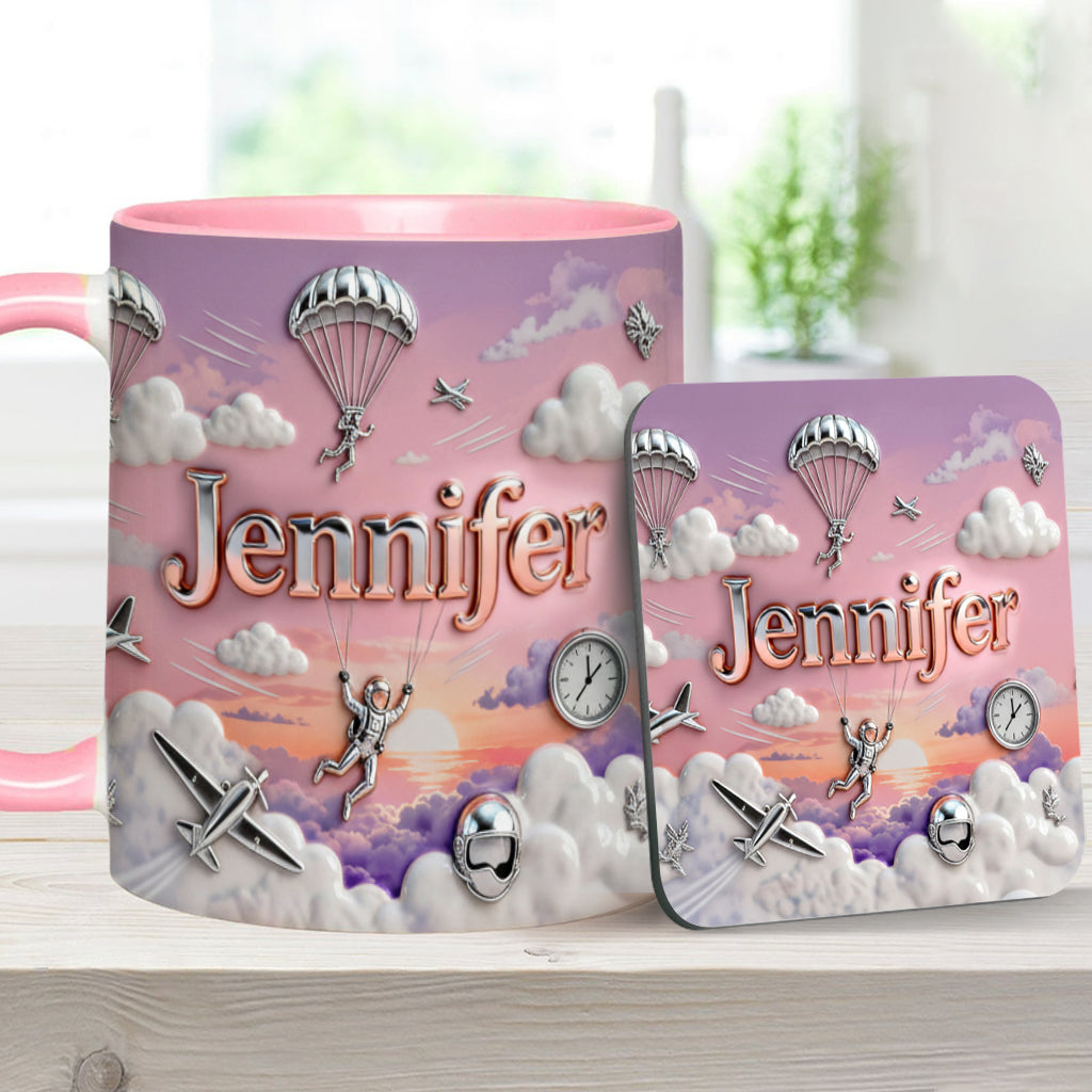 Ich liebe Fallschirmspringen – Personalisierte Tasse und Untersetzer mit Fallschirmspringer-Motiv