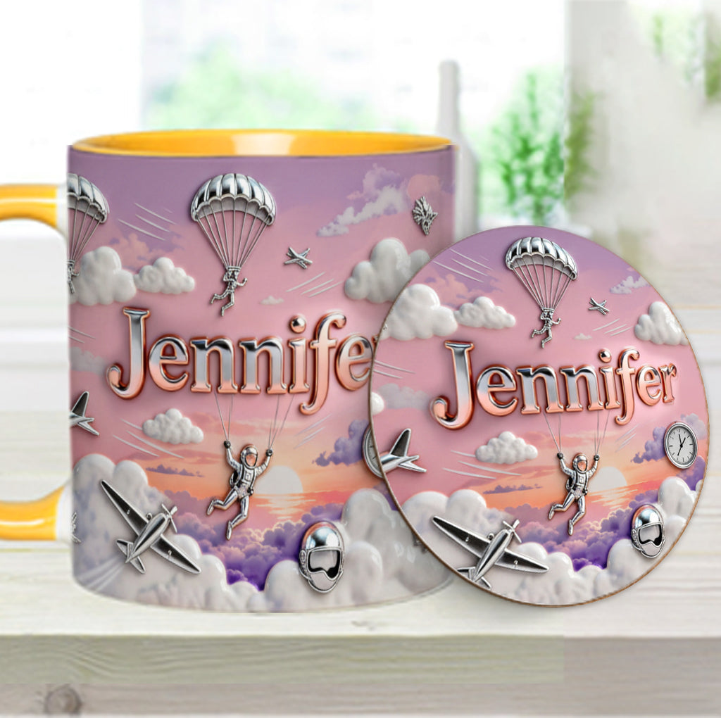 Ich liebe Fallschirmspringen – Personalisierte Tasse und Untersetzer mit Fallschirmspringer-Motiv