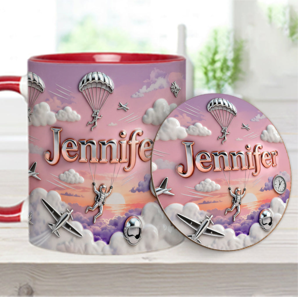 Ich liebe Fallschirmspringen – Personalisierte Tasse und Untersetzer mit Fallschirmspringer-Motiv