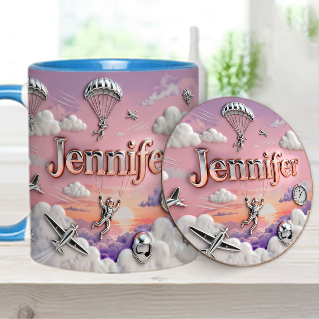Ich liebe Fallschirmspringen – Personalisierte Tasse und Untersetzer mit Fallschirmspringer-Motiv