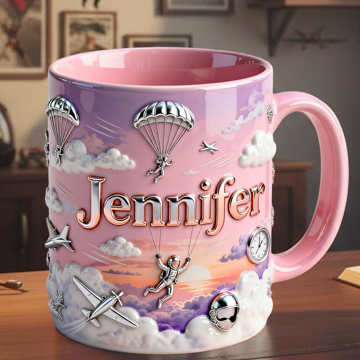 Ich liebe Fallschirmspringen – Personalisierte Tasse und Untersetzer mit Fallschirmspringer-Motiv