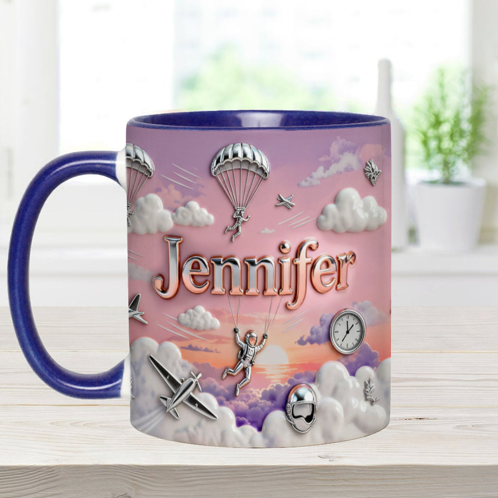 Ich liebe Fallschirmspringen – Personalisierte Tasse und Untersetzer mit Fallschirmspringer-Motiv