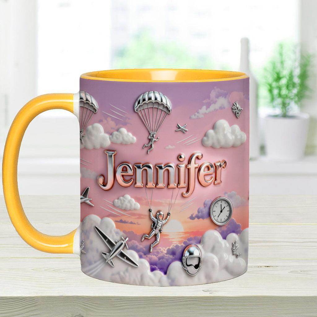 Ich liebe Fallschirmspringen – Personalisierte Tasse und Untersetzer mit Fallschirmspringer-Motiv