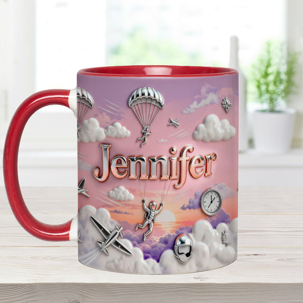 Ich liebe Fallschirmspringen – Personalisierte Tasse und Untersetzer mit Fallschirmspringer-Motiv